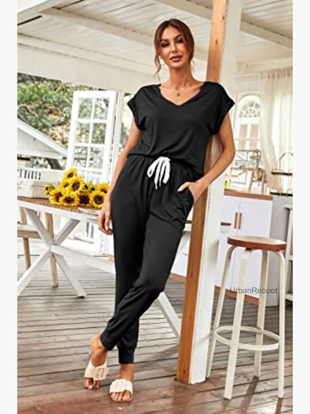 Women's Two Piece Tracksuit Short Sleeve V Neck Jogger Set Lounge Outfit - Picture 5 of 7